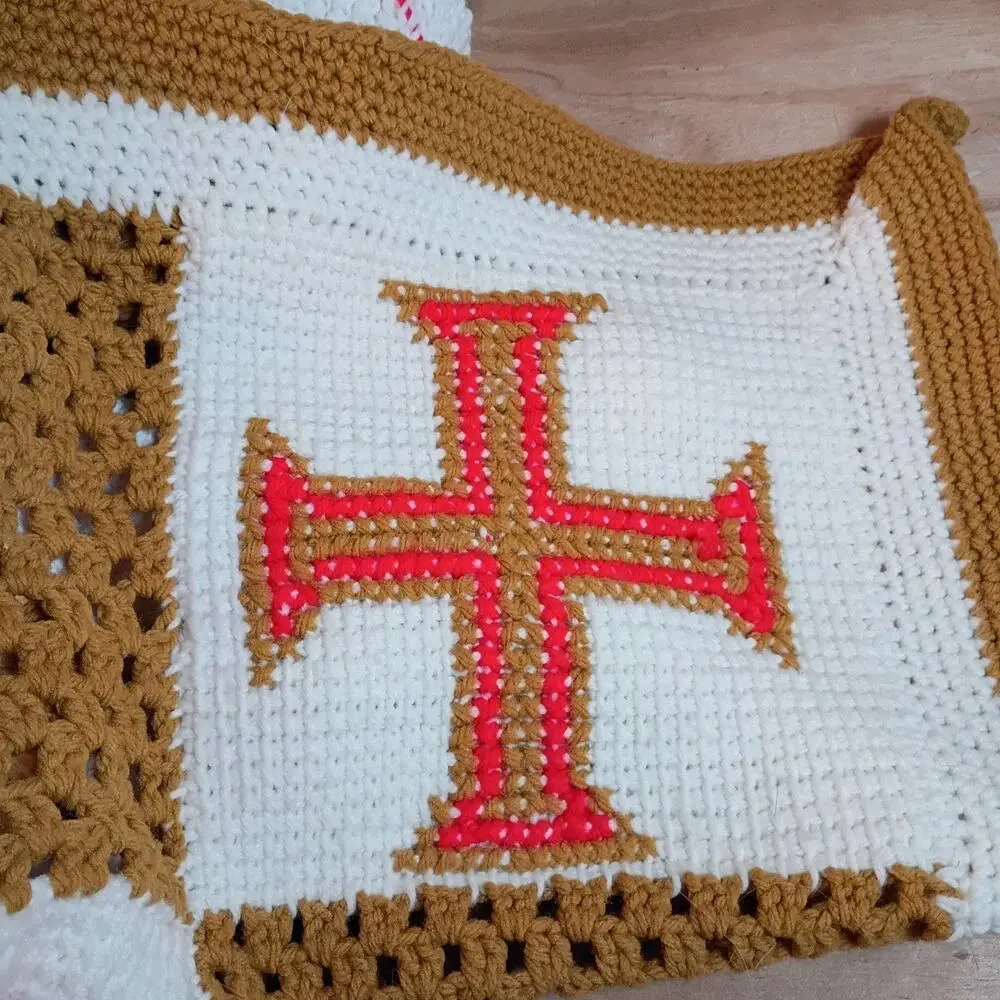 Handmade Crochet Afghan Blanket 64x49 Religious Christian Catholic Gold White